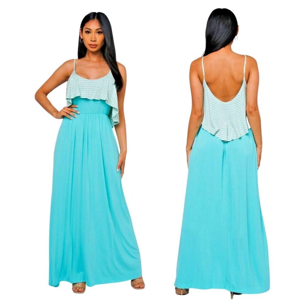 NWT Maxi Dress Aqua Blue and Gray Ruffle Neck Spaghetti Strap